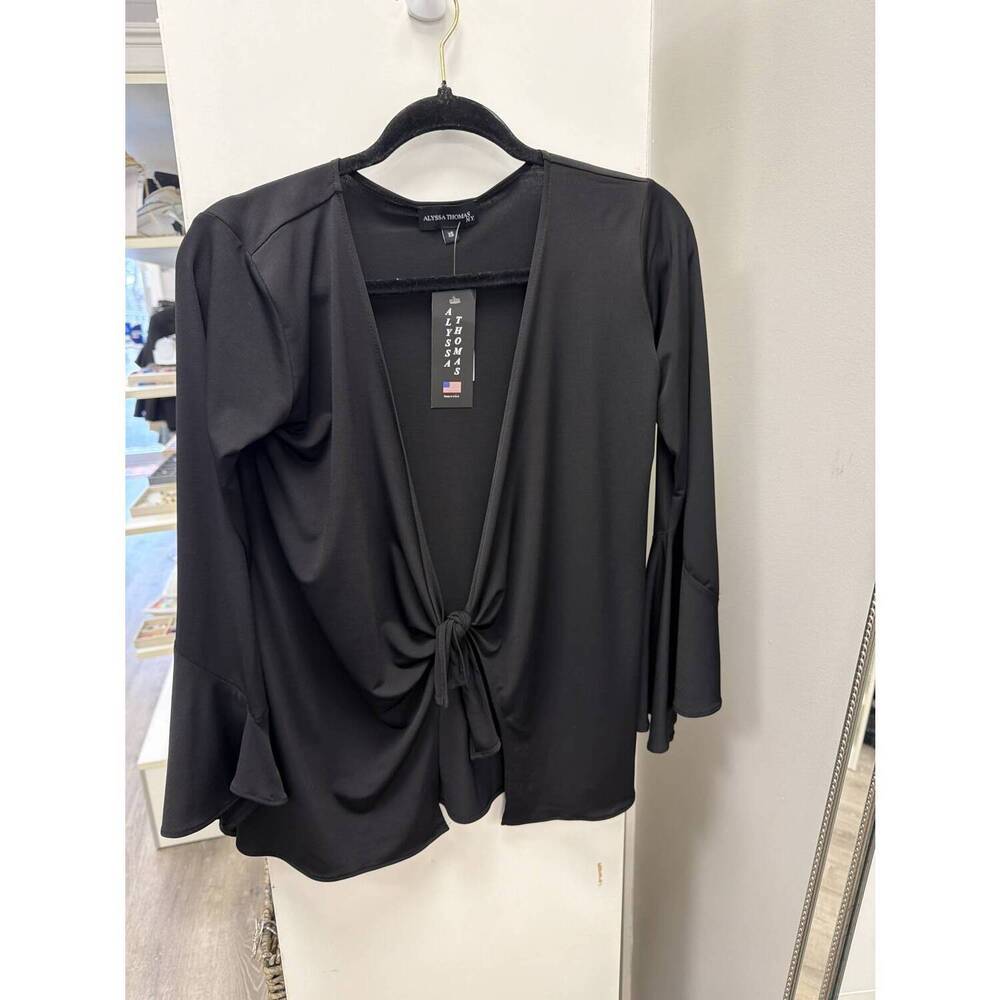 NEW ALYSSA THOMAS women's tie bell sleeve top cardigan in black